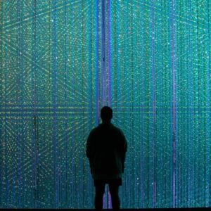 Silhouette facing a wall of colorful, grid-like digital lights