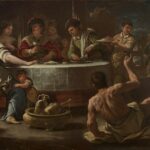 Baroque banquet scene using dramatic chiaroscuro lighting and crowded figures
