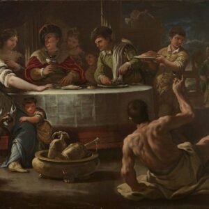 Baroque banquet scene using dramatic chiaroscuro lighting and crowded figures