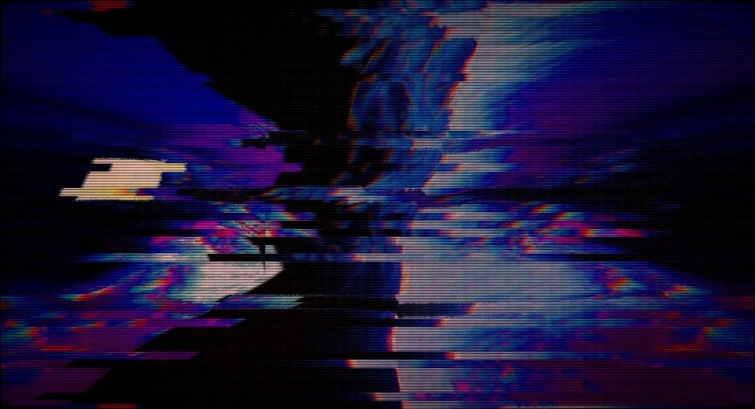 Abstract blue and magenta glitch pattern with distorted horizontal bands