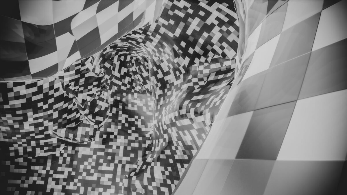 Monochrome abstract surface distorted into a pixelated checkerboard pattern