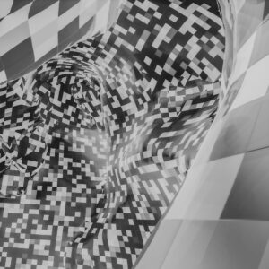 Monochrome abstract surface distorted into a pixelated checkerboard pattern